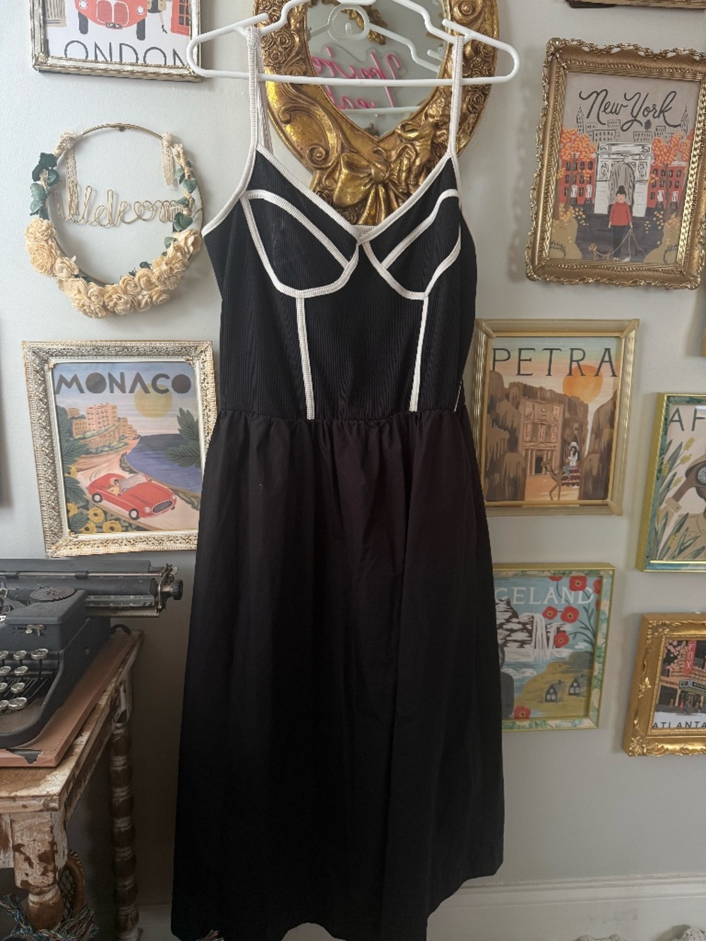 Black Corset A-Line Midi Dress XL Spaghetti Strap White Lining Colorblock Corset
